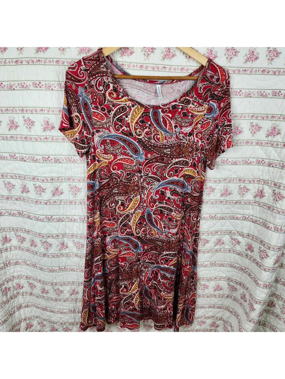 PopYoung Red Paisley Print Short Sleeve Casual Dress - Size M
